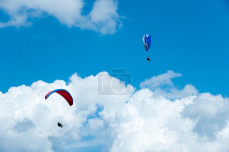 Photo for Two paragliders flying in blue sky - Royalty Free Image