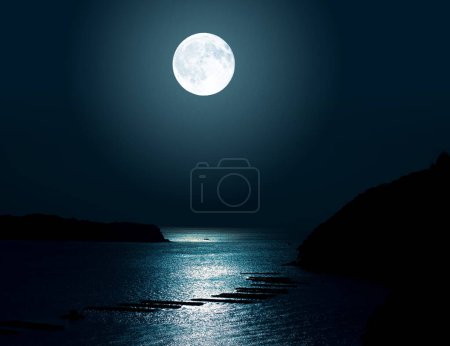 Téléchargez les photos : Pleine lune dans la nuit sur la mer - en image libre de droit