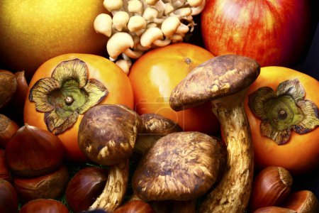 Téléchargez les photos : Assortiment de kaki mûrs, pommes, noix et champignons - en image libre de droit