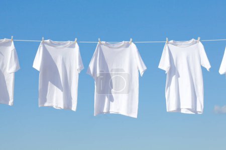 Photo for White clothes hanging on clothesline, drying - Royalty Free Image