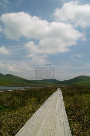 Téléchargez les photos : Belle vue sur le pont en bois et les montagnes en arrière-plan - en image libre de droit