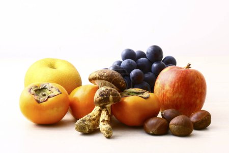 Photo for Assortment of healthy fruits and mushrooms isolated on white background - Royalty Free Image