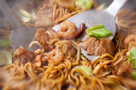 Photo for Close up of asian food in bowl, noodles with shrimps - Royalty Free Image