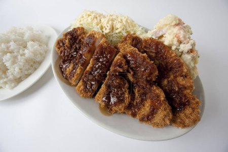 Foto de Una foto de cocina de cerdo cocido con arroz y ensalada - Imagen libre de derechos