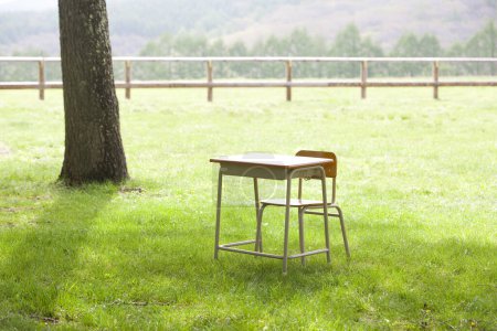 Téléchargez les photos : Table et chaise en bois vides dans la forêt - en image libre de droit