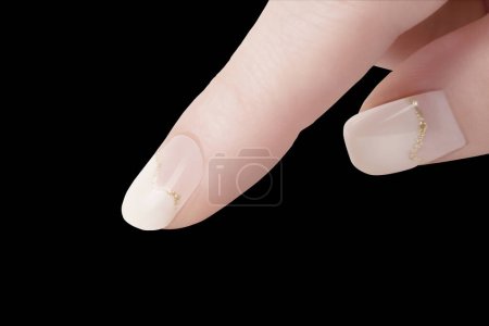 Photo for Pointing finger of female hand on black background - Royalty Free Image