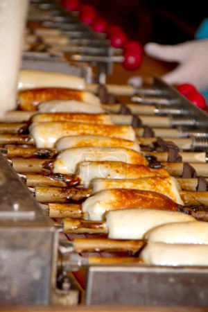 Foto de Tubos a la parrilla en forma de pasteles de pasta de pescado o pinchos de calamar tubos - Imagen libre de derechos
