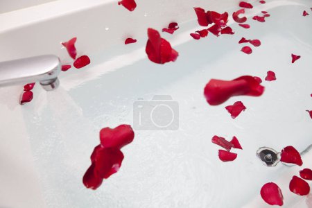 Foto de Hermosos pétalos de rosa roja en baño, spa y concepto de bienestar - Imagen libre de derechos