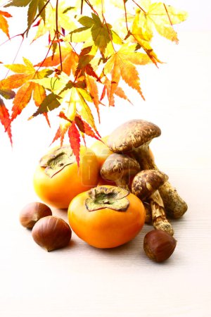 Téléchargez les photos : Composition automnale de kaki frais, noix, champignons et feuilles d'érable vives isolés sur fond blanc - en image libre de droit