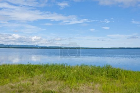 Téléchargez les photos : Un lac avec forêt verte sur fond - en image libre de droit