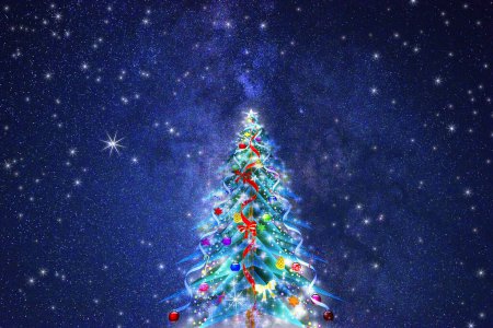 Photo for Beautiful festive christmas tree with decorations and sky with stars - Royalty Free Image