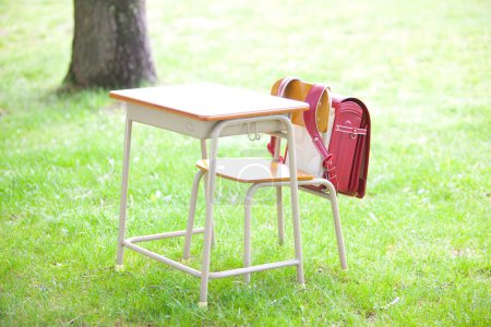 Foto de Mesa y silla con bolsa escolar en el bosque - Imagen libre de derechos
