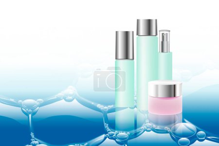 Téléchargez les photos : Ensemble de différents produits cosmétiques sur fond clair avec bulles - en image libre de droit