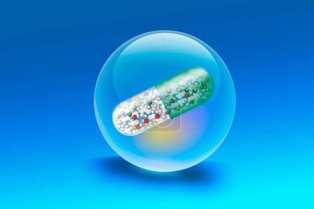Téléchargez les photos : Pilule médicale en bulle sur fond bleu - en image libre de droit