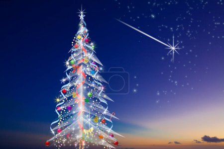 Photo for Beautiful festive christmas tree with decorations and sky with stars - Royalty Free Image