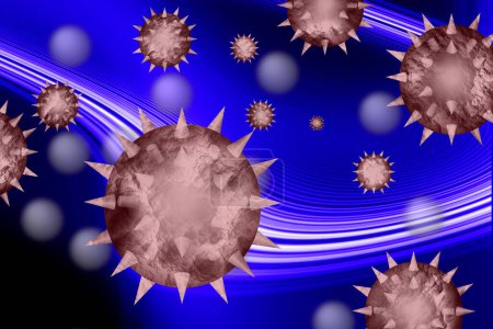 Foto de Células virales sobre fondo azul, fondo del brote de coronavirus. - Imagen libre de derechos