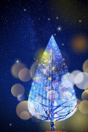 Foto de Árbol de navidad decorado sobre el cielo nocturno con estrellas, ilustración - Imagen libre de derechos