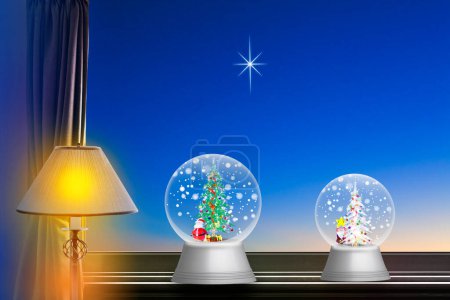 Foto de Lámpara, bolas de Navidad y cielo nocturno desde la ventana - Imagen libre de derechos