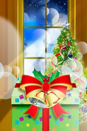 Photo for Christmas gift with red ribbon and bells on window - Royalty Free Image