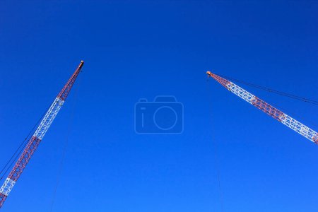 Foto de Dos grúas están en el aire con un cielo azul en el fondo - Imagen libre de derechos