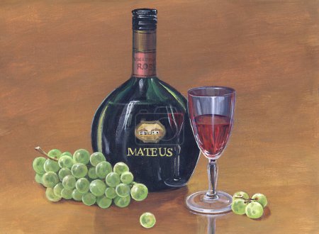 Téléchargez les photos : Une peinture d'une bouteille de vin et d'un verre de vin - en image libre de droit