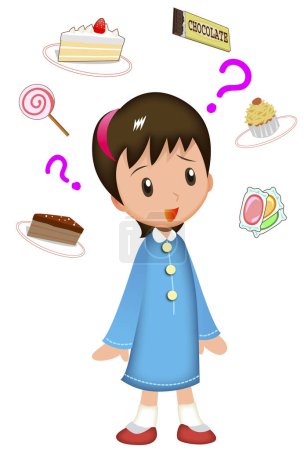 Téléchargez les photos : Une fille dans une robe bleue avec beaucoup de nourriture autour d'elle - en image libre de droit