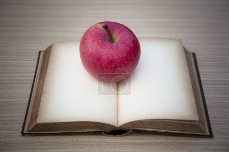 Téléchargez les photos : Une pomme assise sur un livre ouvert - en image libre de droit