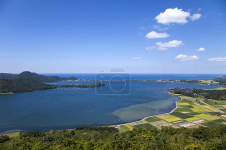 Téléchargez les photos : Belle vue aérienne sur les rizières et la mer azur par une journée ensoleillée - en image libre de droit