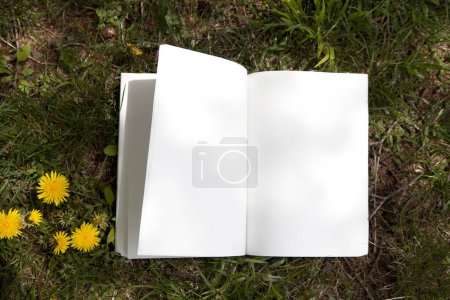Photo for Blank white paper on a green grass with a book - Royalty Free Image