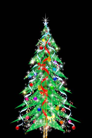 Foto de Hermoso árbol de Navidad festivo con luces y decoraciones sobre fondo negro - Imagen libre de derechos