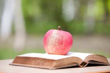 Photo for Red apple on the top of the book on the table - Royalty Free Image