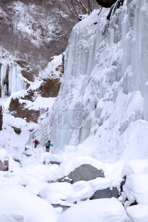 Téléchargez les photos : Vue sur la cascade gelée dans les montagnes d'hiver - en image libre de droit