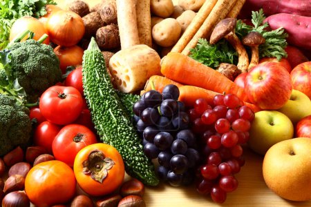 Téléchargez les photos : Composition avec variété de légumes, champignons et fruits - en image libre de droit