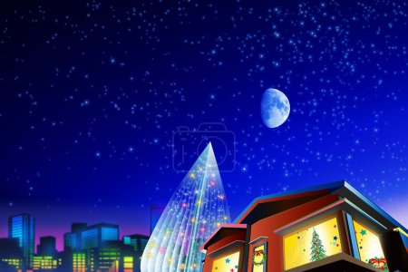 Téléchargez les photos : Arbre de Noël décoré au-dessus du ciel nocturne avec lune, illustration - en image libre de droit