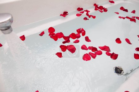 Téléchargez les photos : Beaux pétales de rose rouge dans le concept bain, spa et bien-être - en image libre de droit