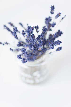 Téléchargez les photos : Fleurs de lavande dans un vase en verre sur fond clair - en image libre de droit