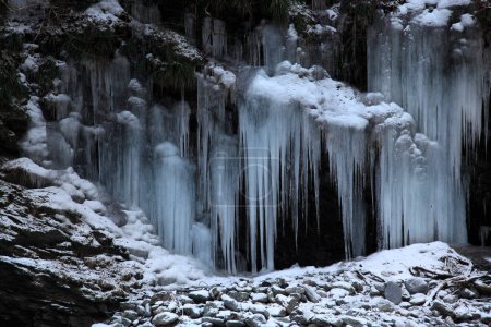 Téléchargez les photos : Belle vue sur la cascade d'hiver dans la forêt. Des glaçons suspendus sur la rivière - en image libre de droit