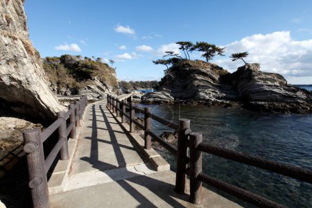 Foto de Vista de la costa rocosa del mar y puente de madera - Imagen libre de derechos