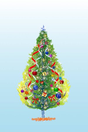 Photo for Decorated christmas tree on blue background, illustration - Royalty Free Image
