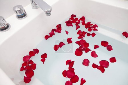 Photo for Beautiful red rose petals in bath, spa and wellness concept - Royalty Free Image