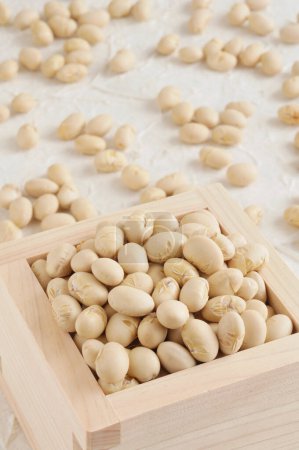 Photo for Close up of a wooden box with white beans - Royalty Free Image