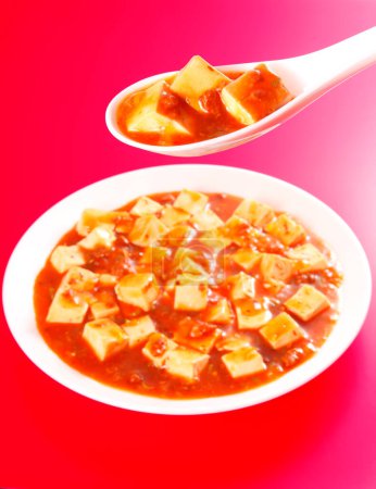  cuisine mabo tofu in a dish on white background, Japanese style