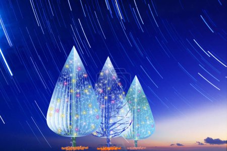 Téléchargez les photos : Arbres de Noël décorés au-dessus du ciel nocturne, illustration - en image libre de droit