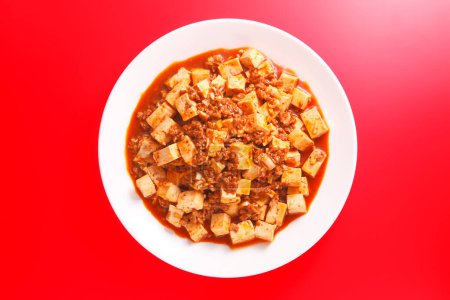  cuisine mabo tofu in a dish on white background, Japanese style