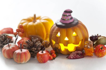 Photo for Close-up view of halloween pumpkins and festive decorations on white background - Royalty Free Image
