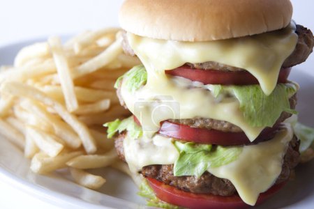 Téléchargez les photos : Vue rapprochée d'un délicieux hamburger au fromage et tomates et frites - en image libre de droit