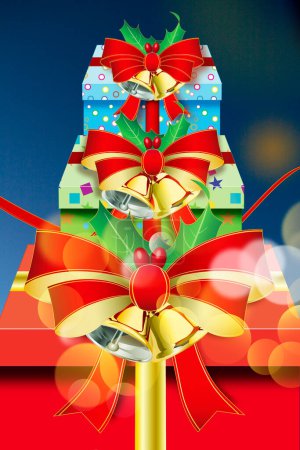 Photo for Christmas gifts with bows on blue bokeh background - Royalty Free Image
