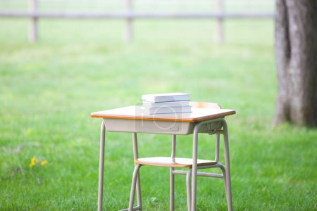 Téléchargez les photos : Table d'école avec des livres debout à l'extérieur sur l'herbe - en image libre de droit