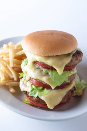 Téléchargez les photos : Burger au fromage et frites dans l'assiette - en image libre de droit