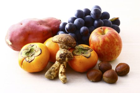 Foto de Surtido de frutas y hongos sanos aislados sobre fondo blanco - Imagen libre de derechos